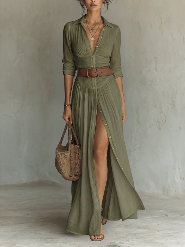 OLIVIA | Women’s Long Maxi Dress with Notched Lapel Collar and Long Sleeves in Linen