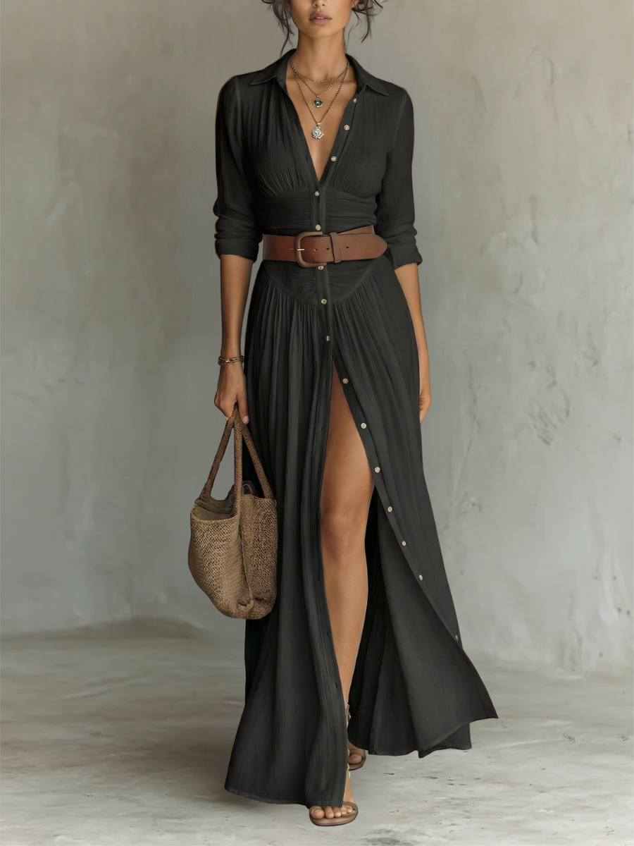 OLIVIA | Women’s Long Maxi Dress with Notched Lapel Collar and Long Sleeves in Linen