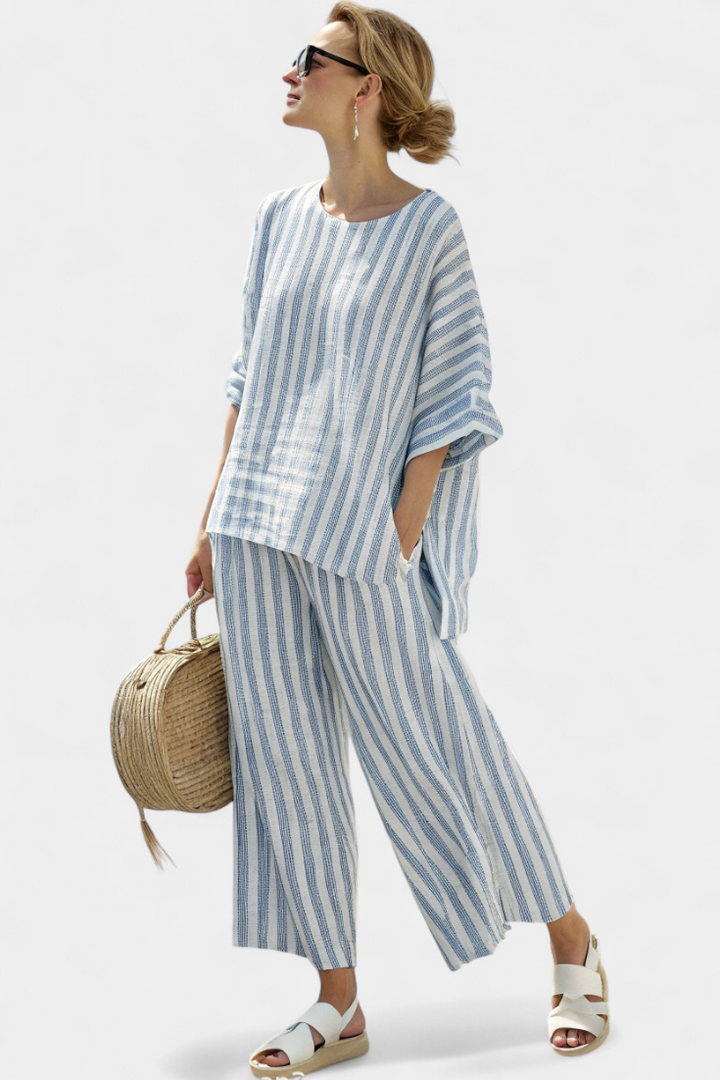 Federica — Sophisticated Linen Top with Blue Stripes and Casual Trousers