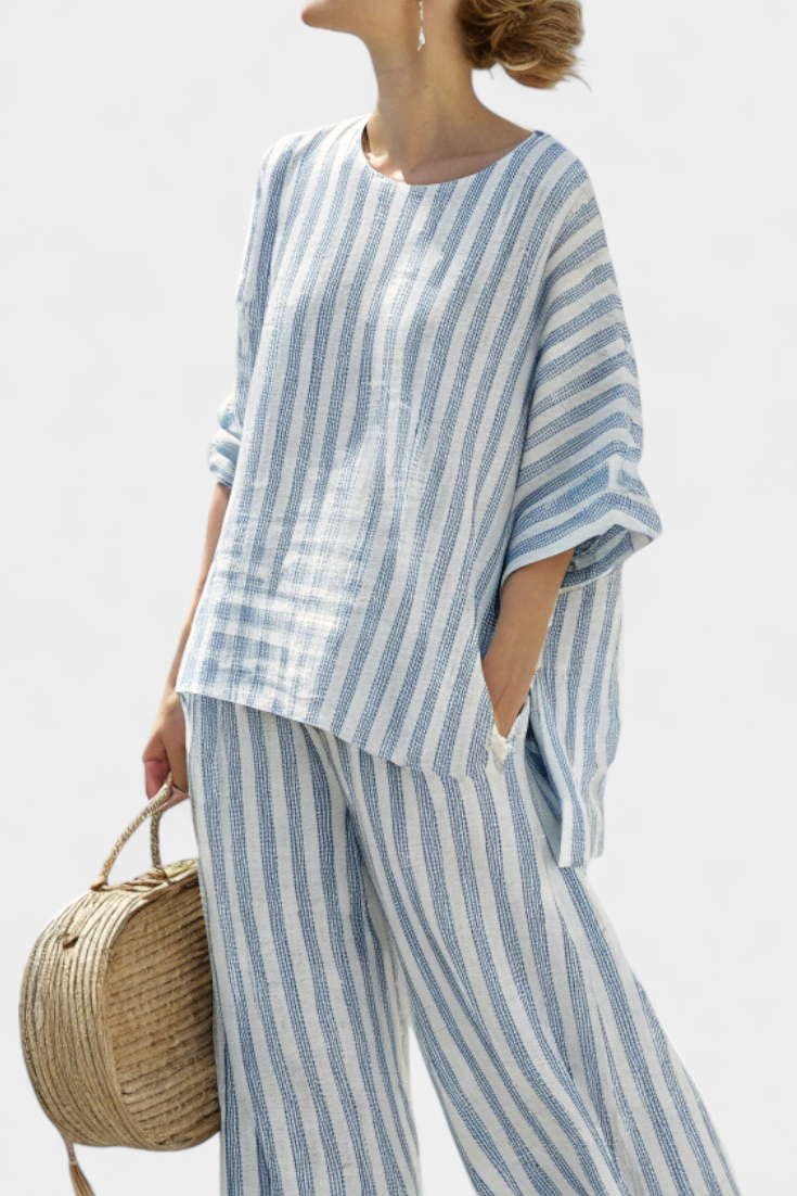 Federica — Sophisticated Linen Top with Blue Stripes and Casual Trousers