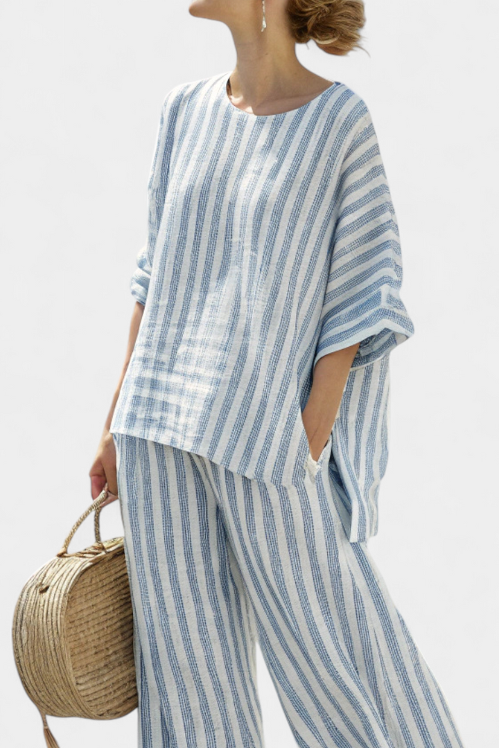 Federica — Sophisticated Linen Top with Blue Stripes and Casual Trousers