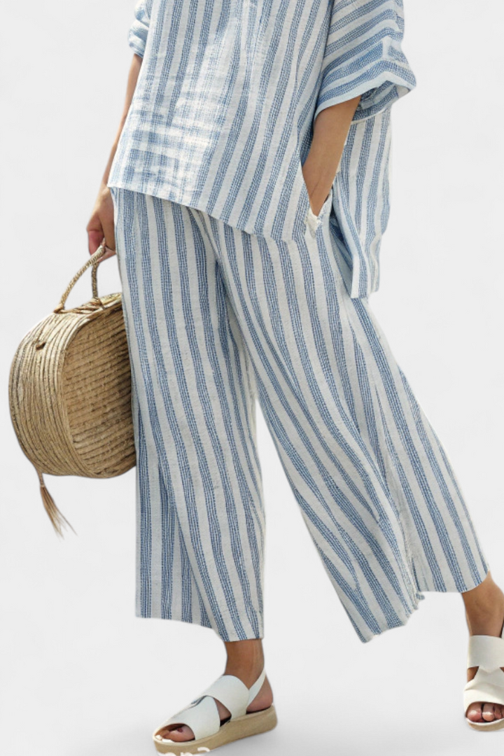 Federica — Sophisticated Linen Top with Blue Stripes and Casual Trousers