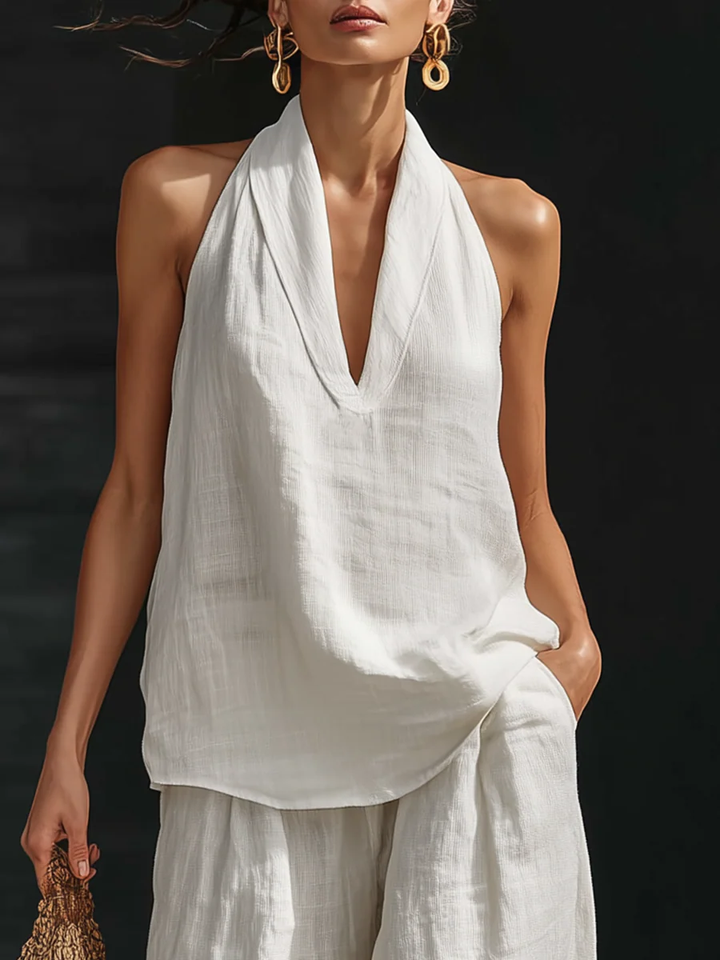 Linen Suit with V-Neck and Flowing Trousers