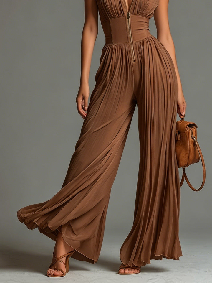 Zsófia Jumpsuit | Brown Pleated Chiffon • S1