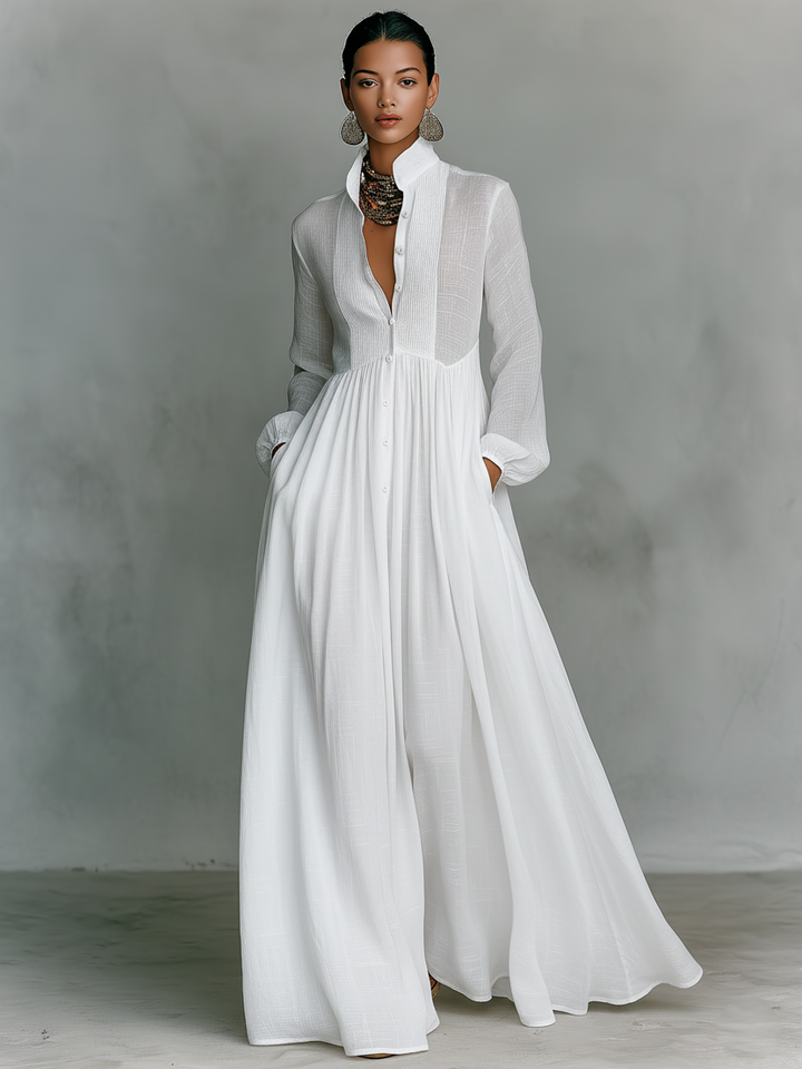 ESSENTIAL - Maxi Minimalist Dress in Cotton & Linen with Patchwork, High Collar and Long Sleeves