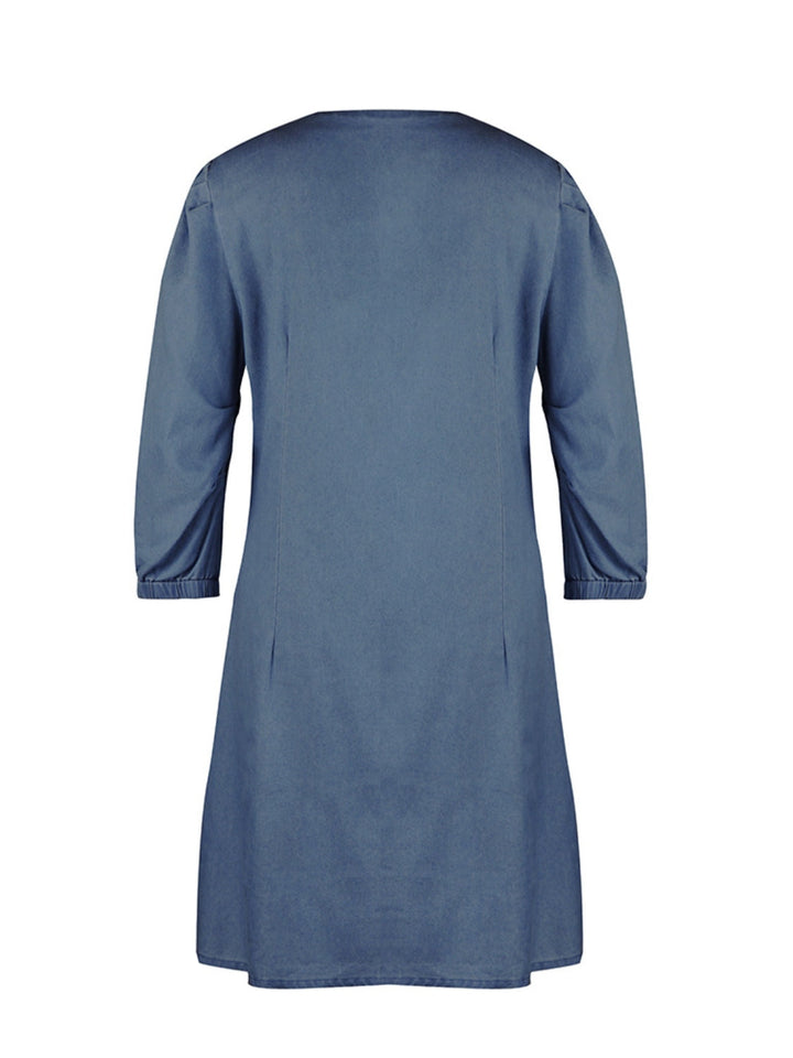 Soft Denim V Neck Dress Puff Sleeve Above Knee