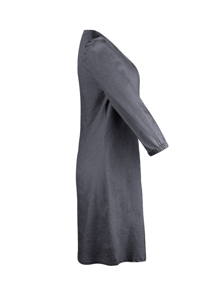Soft Denim V Neck Dress Puff Sleeve Above Knee