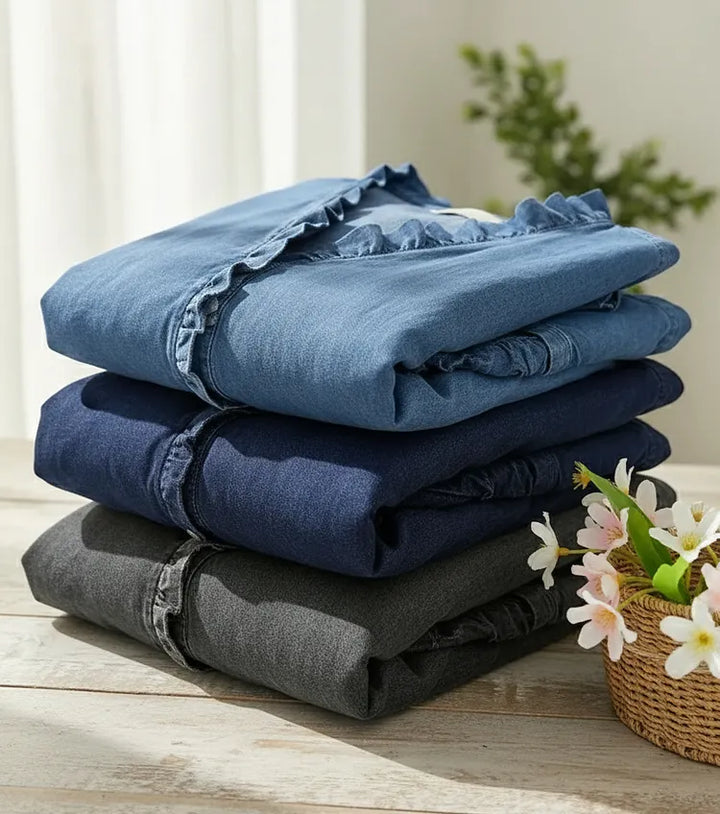 Lucille™ Relaxed Fit Denim Blouse V Neck Ruffled Detail