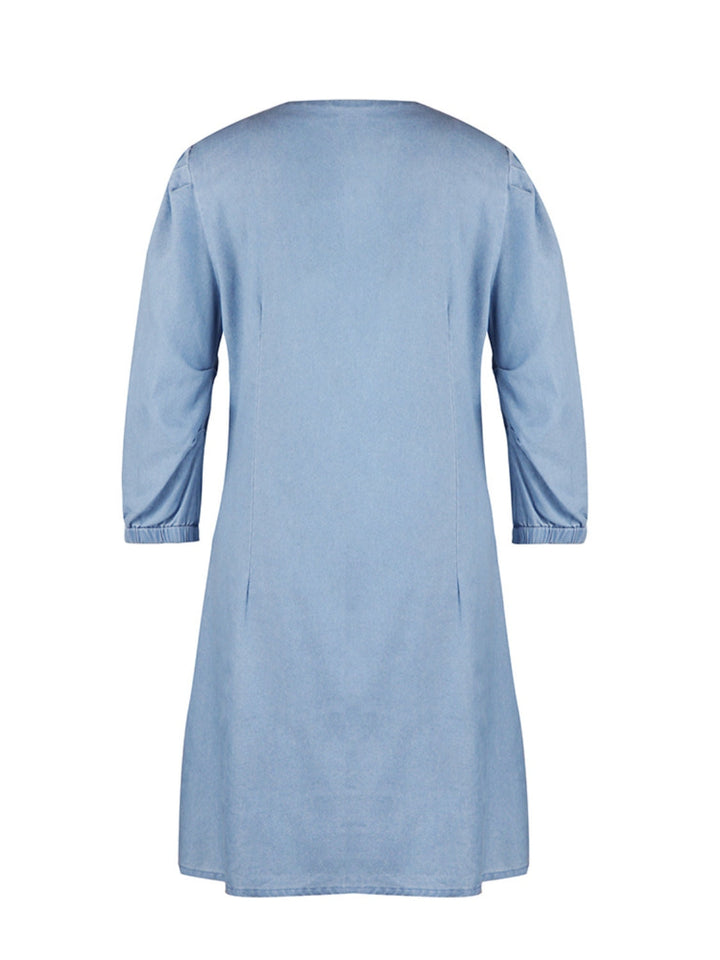 Soft Denim V Neck Dress Puff Sleeve Above Knee