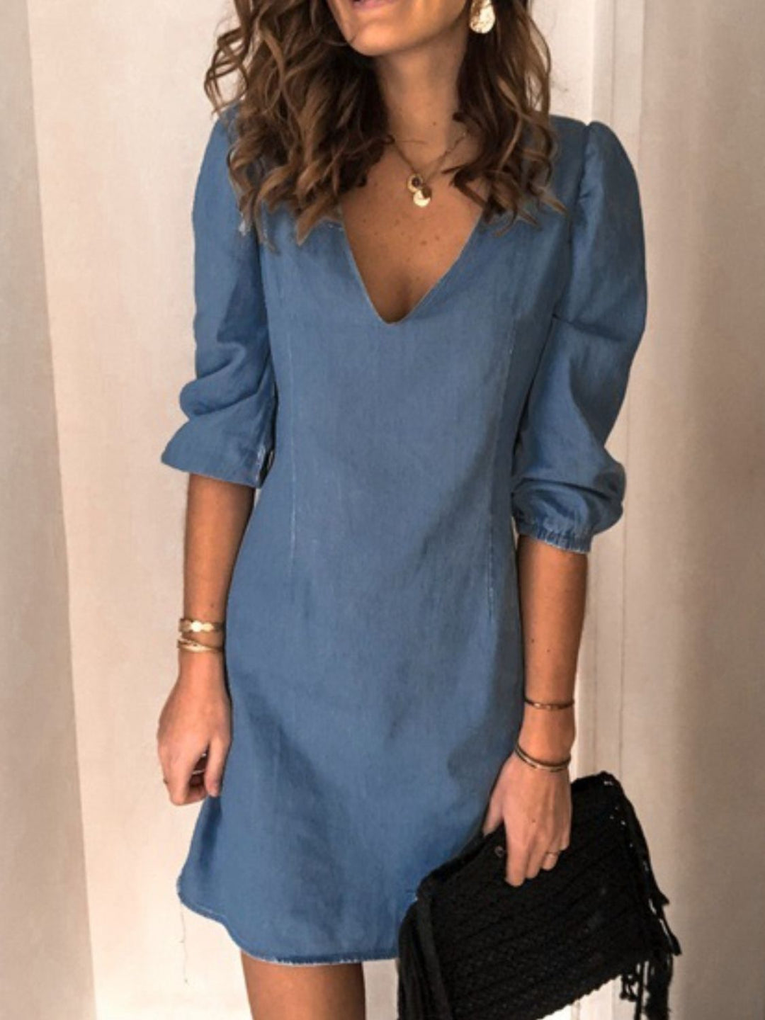 Soft Denim V Neck Dress Puff Sleeve Above Knee