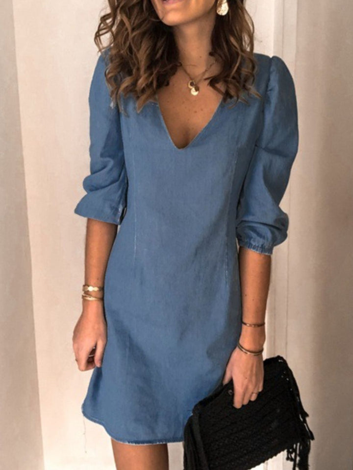 Soft Denim V Neck Dress Puff Sleeve Above Knee
