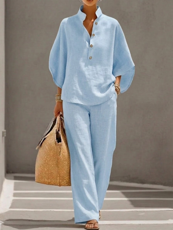 Mariel | Two-Piece Linen Effect Set with Batwing Sleeves and Flowing Trousers